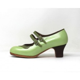 Manuela 37 A Pearlized Leather Manzana Carrete 5 Visto Collarín Y Correas Iguana Pistacho