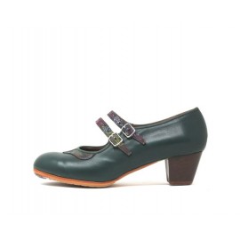 Manuela 39,5 A+PR Leather Verde Oscuro Cubano 5 Visto Collarín y Correa Floral