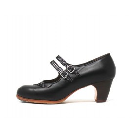 Manuela 40 A Leather Negro Clásico 5 Visto Collarín y Correa Pata de Gallo Plata