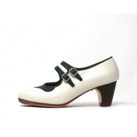 Manuela 39 AA+PR Leather Blanco Roto Clásico 5 Visto Collarín y Correa Leather Verde Oscuro