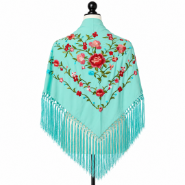 Spring Shawl - Aqua Green Floral Embroidery
