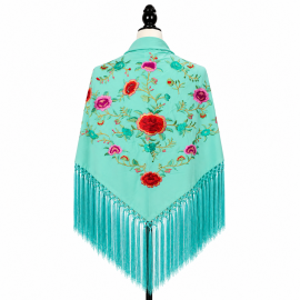 Spring Shawl - Aqua Green Red & Bougainvillea Flower Embroidery